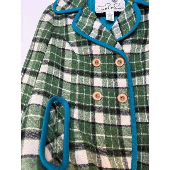 Anthropologie Tabitha Green Plaid Double-Breasted Jacket S Wool Blend Teal Trim - Picture 4 of 7
